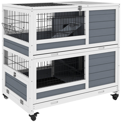 Indoor Wooden Rabbit Hutch with 2 Levels, Cage for Rabbits and Guinea Pigs with Wheels, Removable Trays and Ramps, Gray