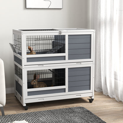 Indoor Wooden Rabbit Hutch with 2 Levels, Cage for Rabbits and Guinea Pigs with Wheels, Removable Trays and Ramps, Gray