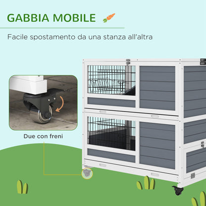 Indoor Wooden Rabbit Hutch with 2 Levels, Cage for Rabbits and Guinea Pigs with Wheels, Removable Trays and Ramps, Gray