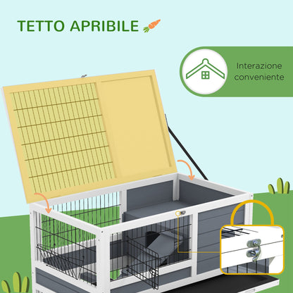 Indoor Wooden Rabbit Hutch with 2 Levels, Cage for Rabbits and Guinea Pigs with Wheels, Removable Trays and Ramps, Gray