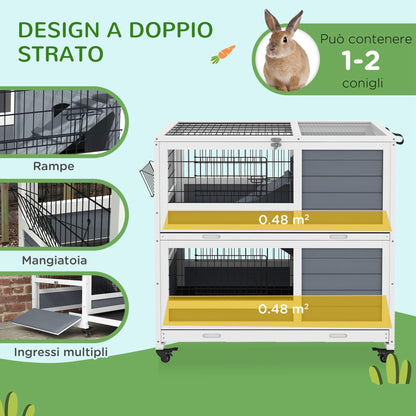 Indoor Wooden Rabbit Hutch with 2 Levels, Cage for Rabbits and Guinea Pigs with Wheels, Removable Trays and Ramps, Gray