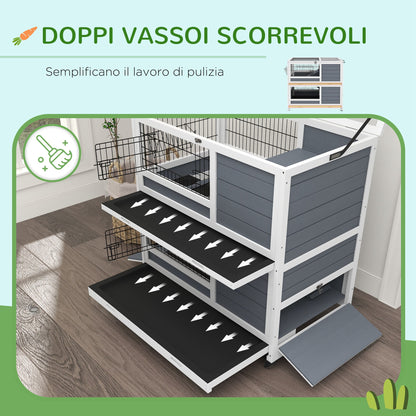 Indoor Wooden Rabbit Hutch with 2 Levels, Cage for Rabbits and Guinea Pigs with Wheels, Removable Trays and Ramps, Gray