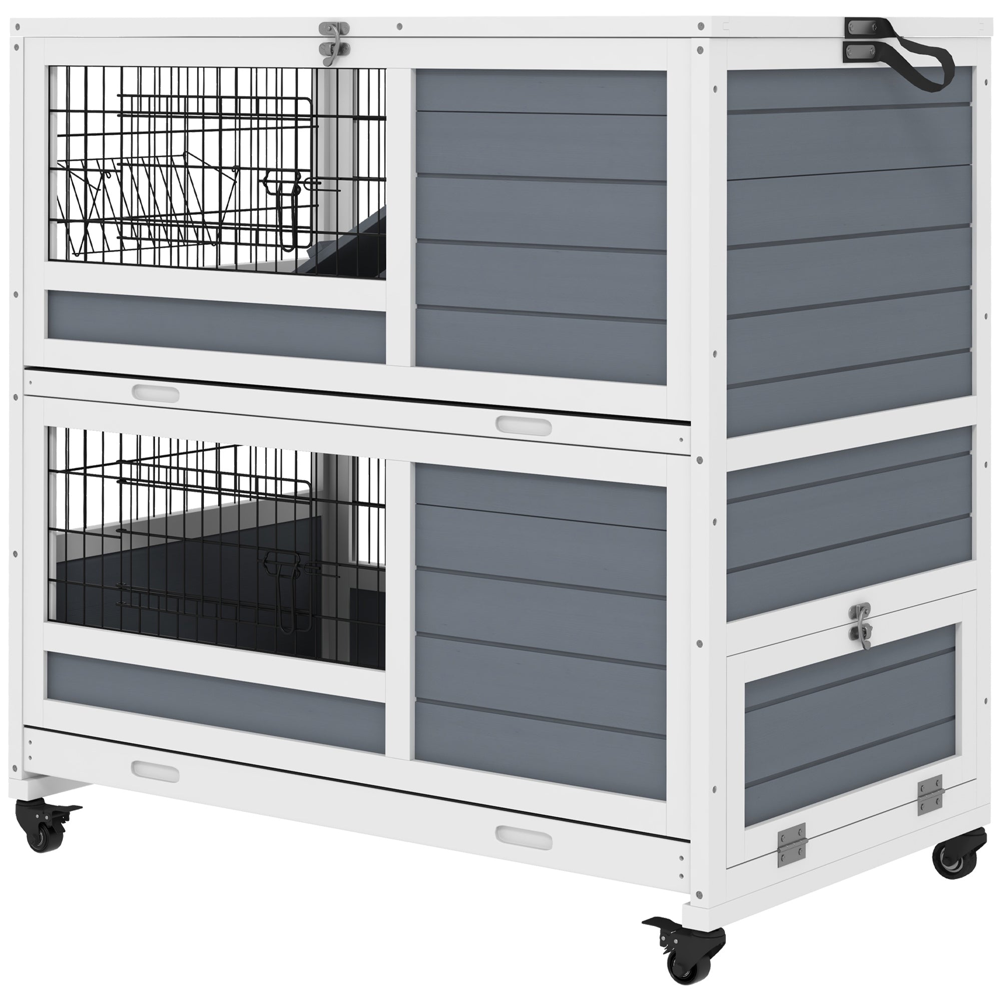 Indoor Wooden Rabbit Hutch with 2 Levels, Cage for Rabbits and Guinea Pigs with Wheels, Removable Trays and Ramps, Gray