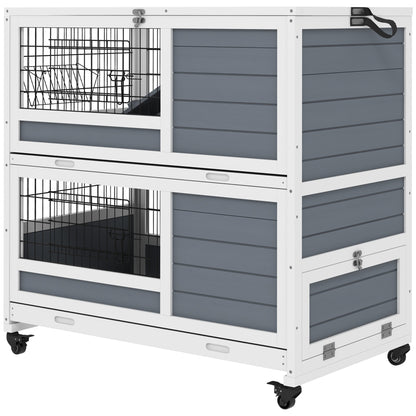 Indoor Wooden Rabbit Hutch with 2 Levels, Cage for Rabbits and Guinea Pigs with Wheels, Removable Trays and Ramps, Gray
