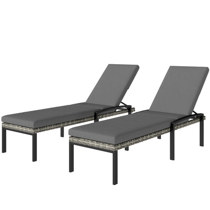 2-Pack Polyrattan Sun Lounger with 5-Position Adjustable Backrest, Removable Cushion, Weatherproof Outdoor Recliner — Up to 265 lb, Garden/Pool/Beach, Light Gray