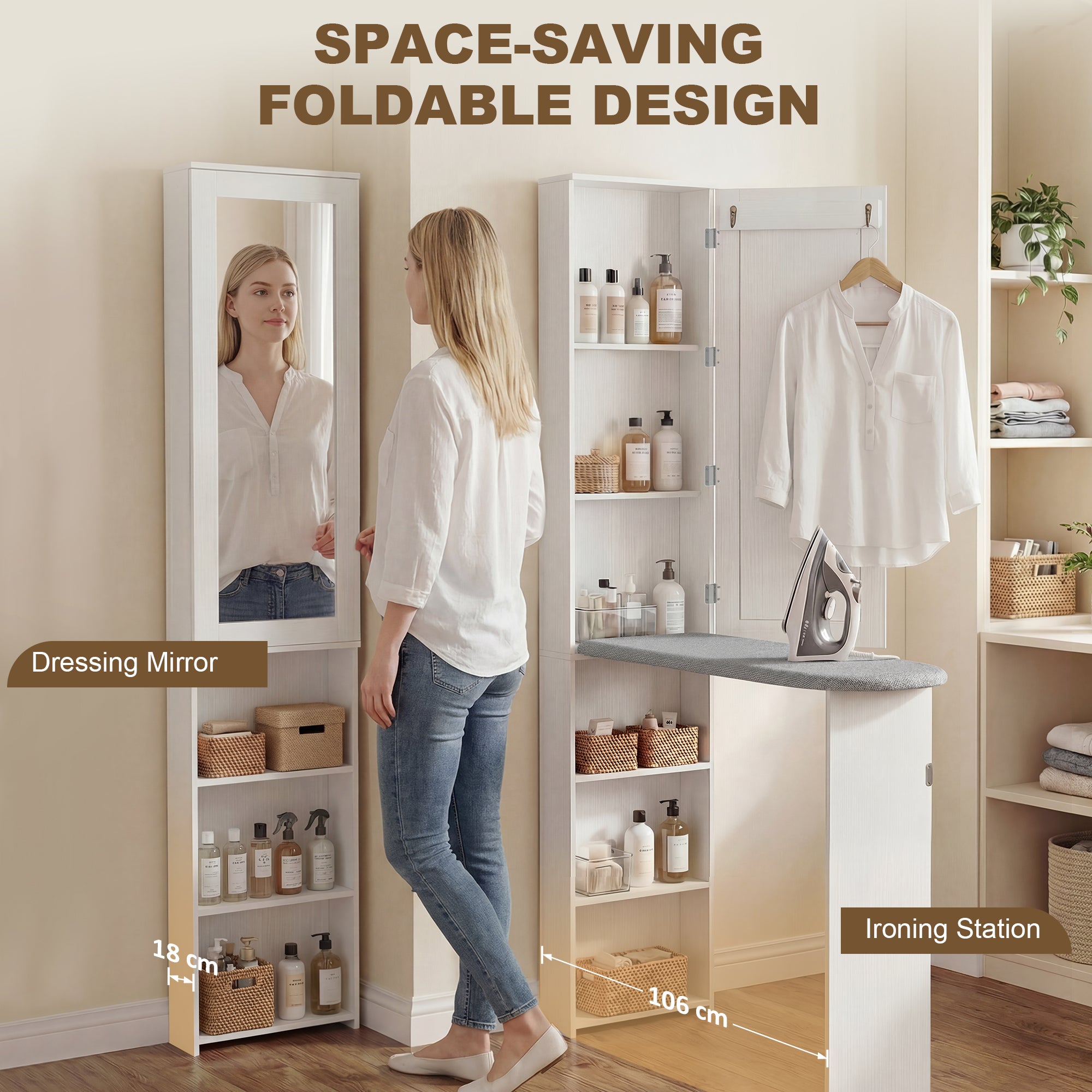 Foldable Ironing Board Cabinet with Door, Internal Shelves & Mirror — Space-Saving Ironing Station for Laundry Rooms or Small Spaces, 106 x 35 x 174 cm (41.7 x 13.8 x 68.5 in), White