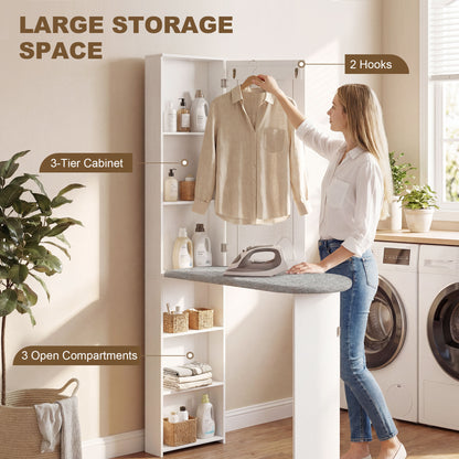 Foldable Ironing Board Cabinet with Door, Internal Shelves & Mirror — Space-Saving Ironing Station for Laundry Rooms or Small Spaces, 106 x 35 x 174 cm (41.7 x 13.8 x 68.5 in), White