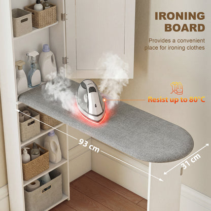 Foldable Ironing Board Cabinet with Door, Internal Shelves & Mirror — Space-Saving Ironing Station for Laundry Rooms or Small Spaces, 106 x 35 x 174 cm (41.7 x 13.8 x 68.5 in), White