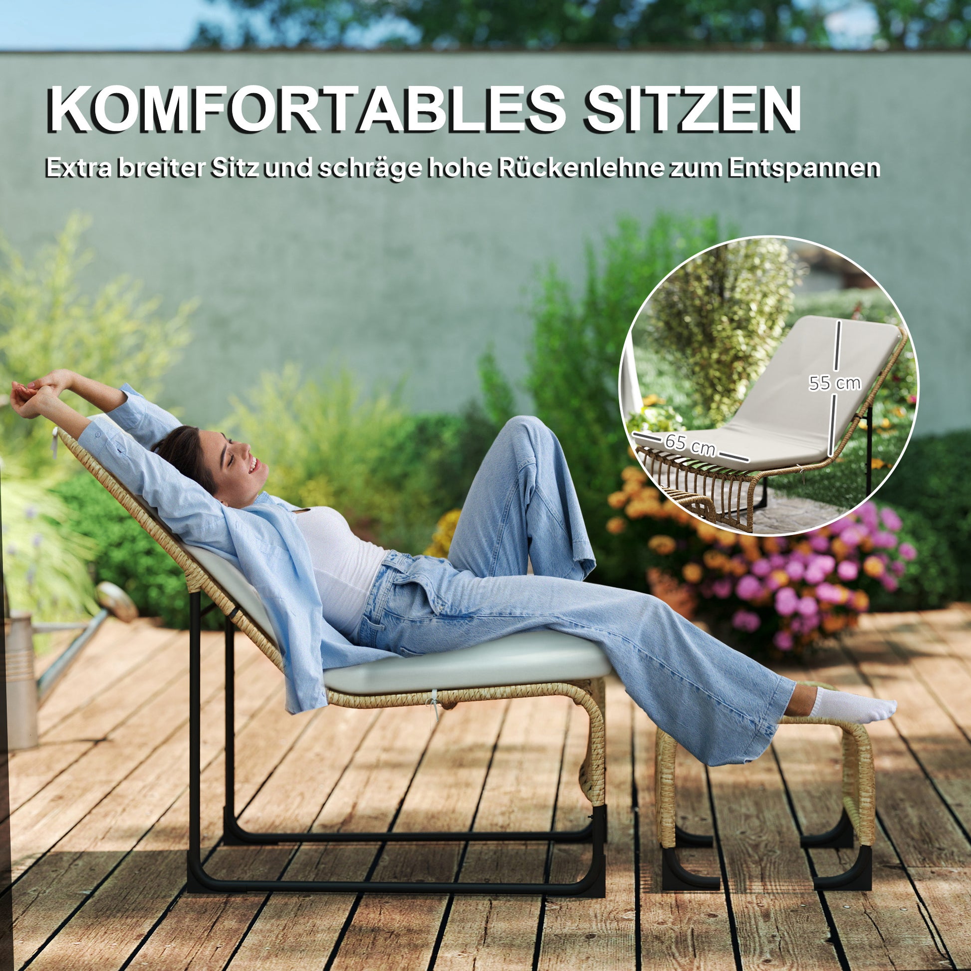 Rattan Relax Chair with Footstool UV Resistant Garden Chair with Cushion Straps Outdoor Rattan Chair Garden Chair for Garden, Balcony, Terrace Natural Wood