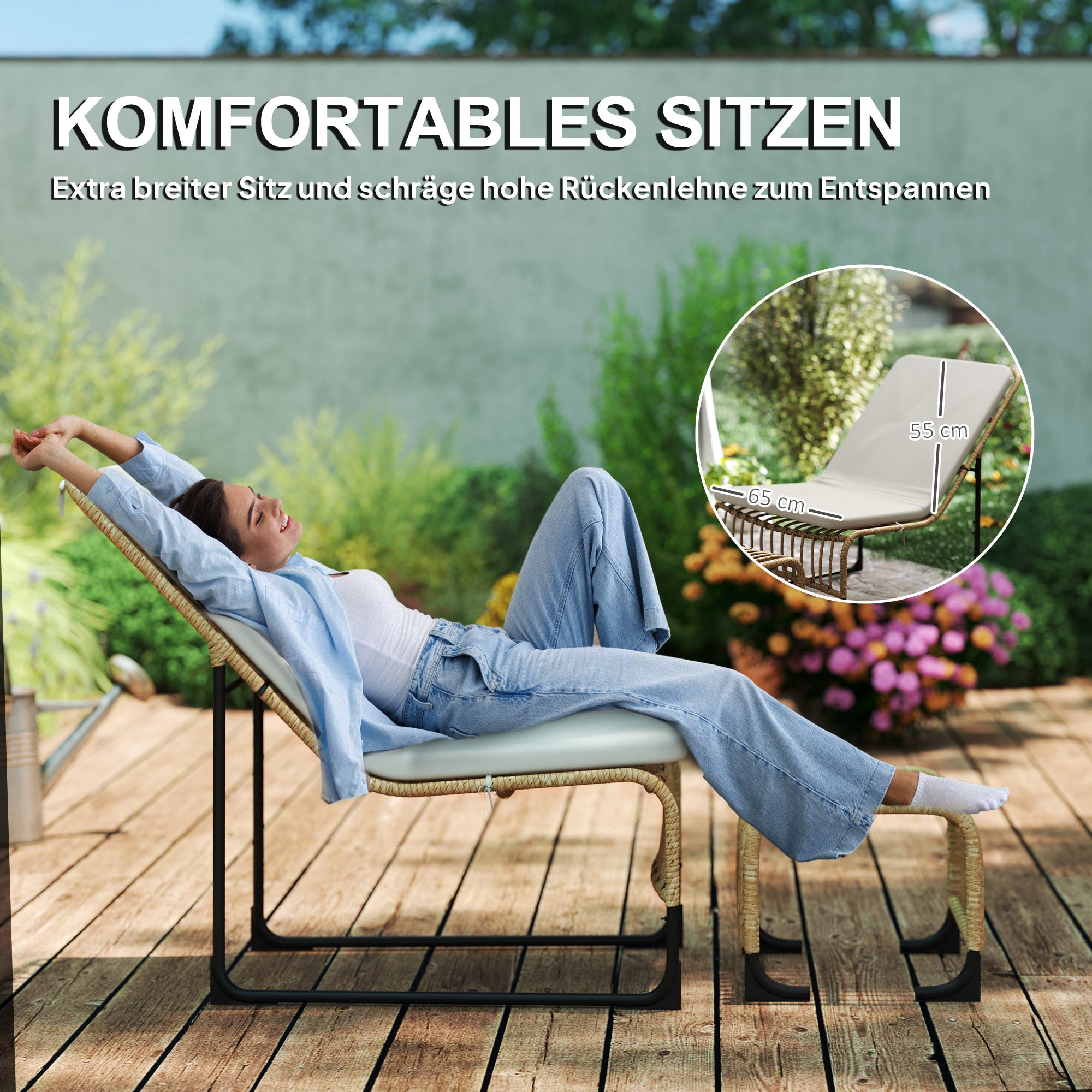 Rattan Relax Chair with Footstool UV Resistant Garden Chair with Cushion Straps Outdoor Rattan Chair Garden Chair for Garden, Balcony, Terrace Natural Wood