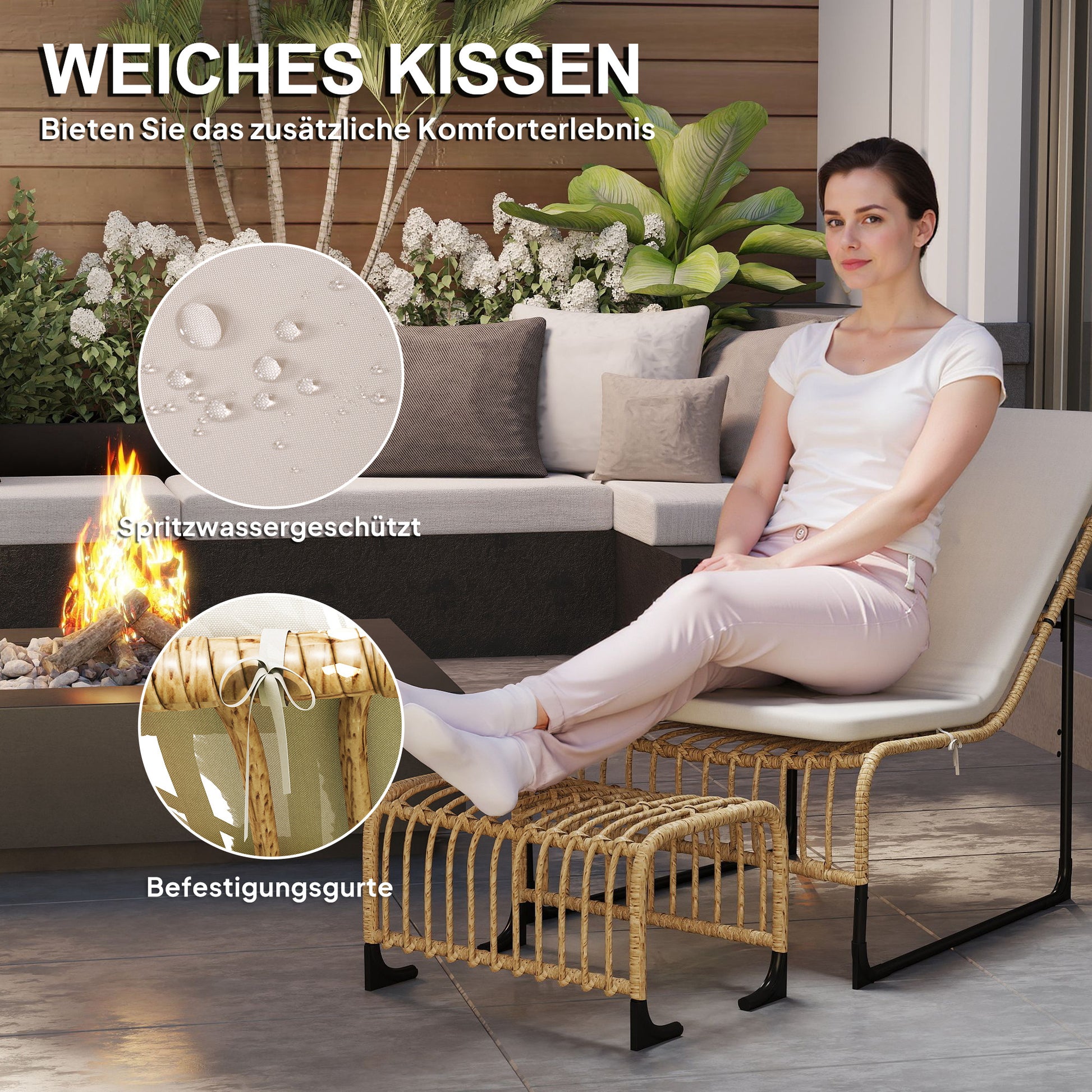 Rattan Relax Chair with Footstool UV Resistant Garden Chair with Cushion Straps Outdoor Rattan Chair Garden Chair for Garden, Balcony, Terrace Natural Wood