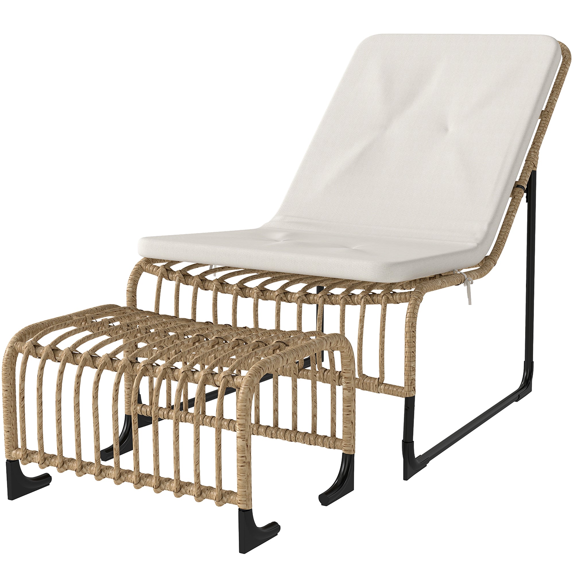 Rattan Relax Chair with Footstool UV Resistant Garden Chair with Cushion Straps Outdoor Rattan Chair Garden Chair for Garden, Balcony, Terrace Natural Wood