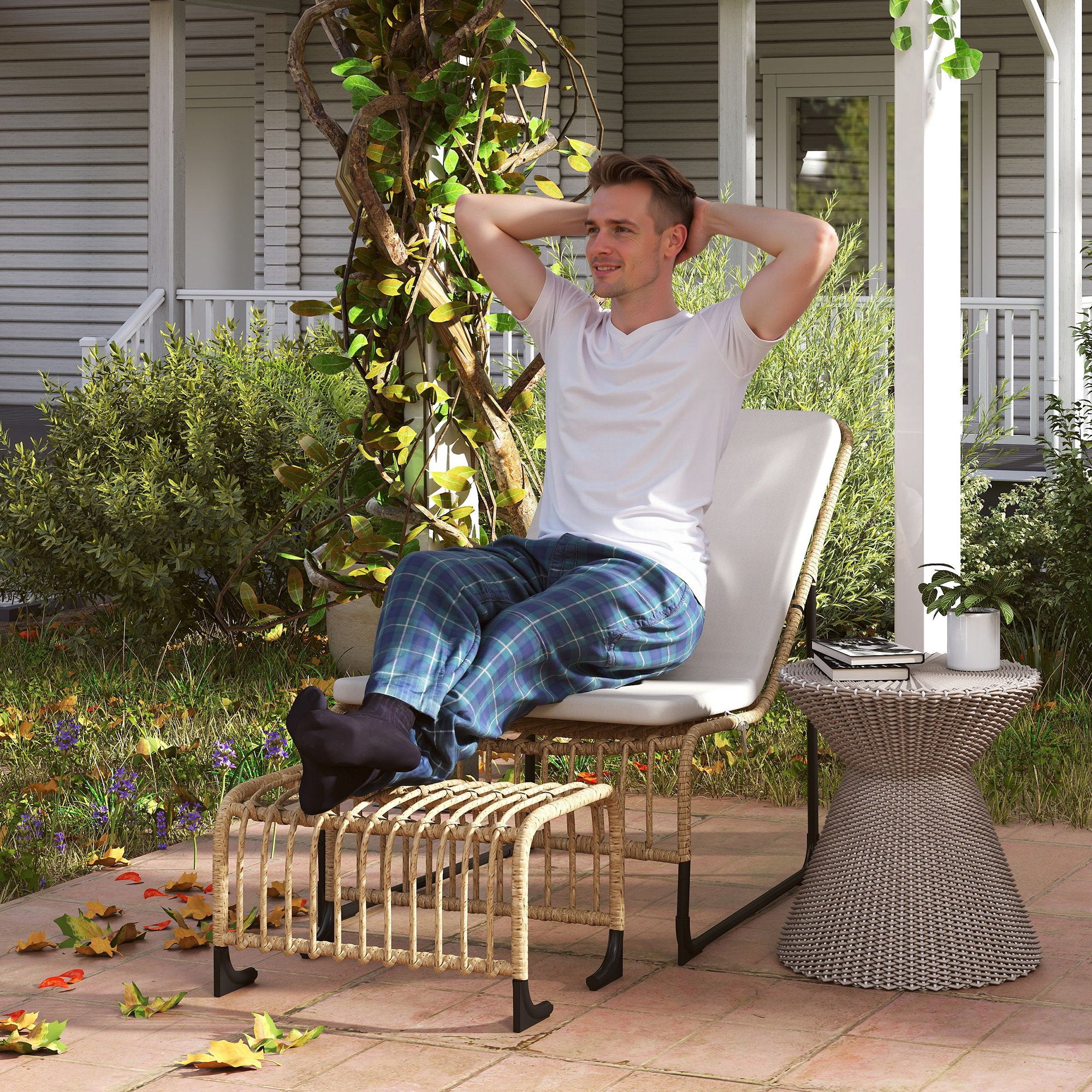 Rattan Relax Chair with Footstool UV Resistant Garden Chair with Cushion Straps Outdoor Rattan Chair Garden Chair for Garden, Balcony, Terrace Natural Wood