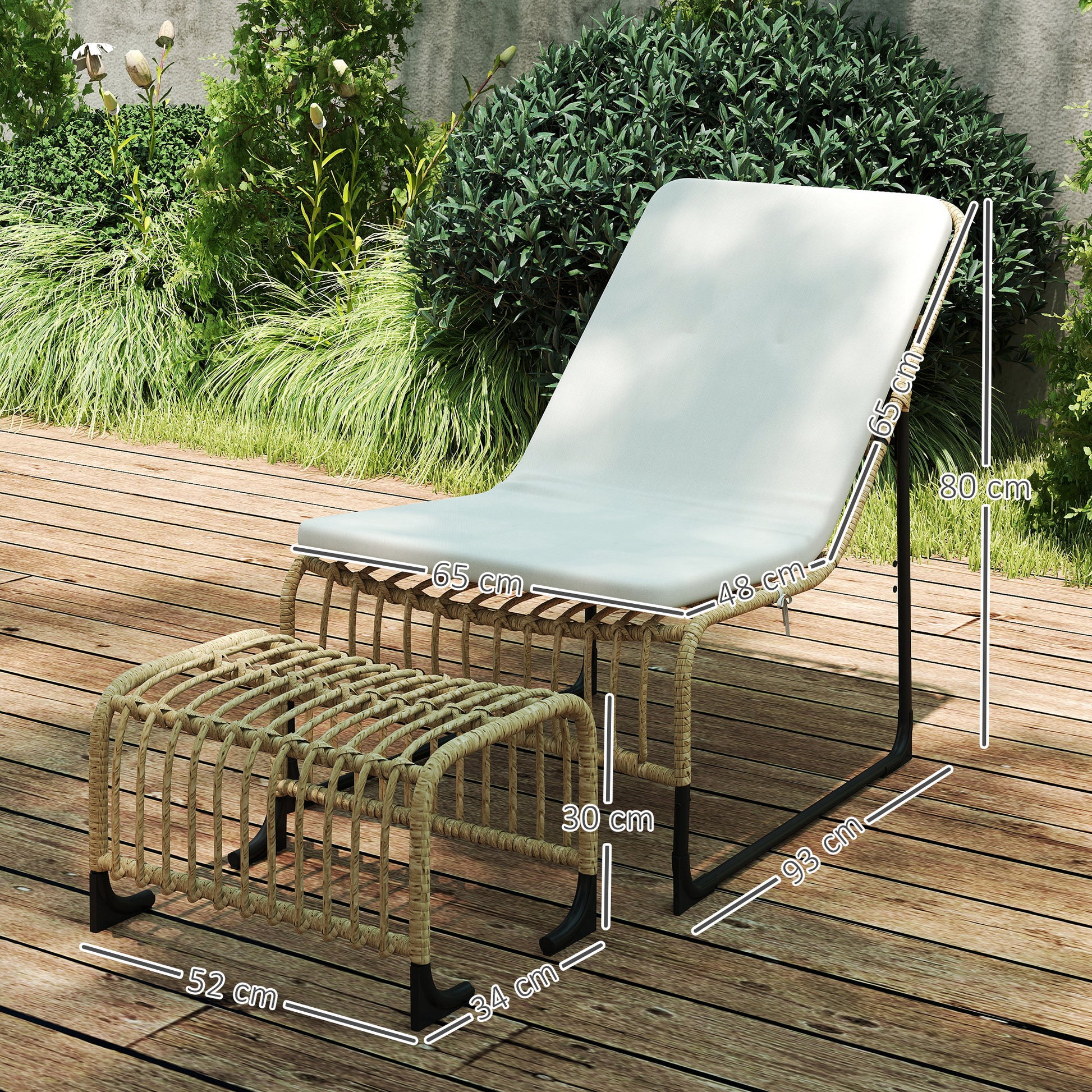 Rattan Relax Chair with Footstool UV Resistant Garden Chair with Cushion Straps Outdoor Rattan Chair Garden Chair for Garden, Balcony, Terrace Natural Wood