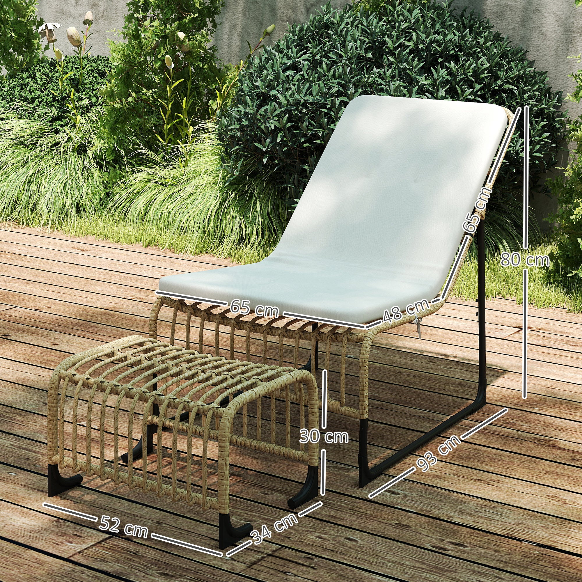 Rattan Relax Chair with Footstool UV Resistant Garden Chair with Cushion Straps Outdoor Rattan Chair Garden Chair for Garden, Balcony, Terrace Natural Wood