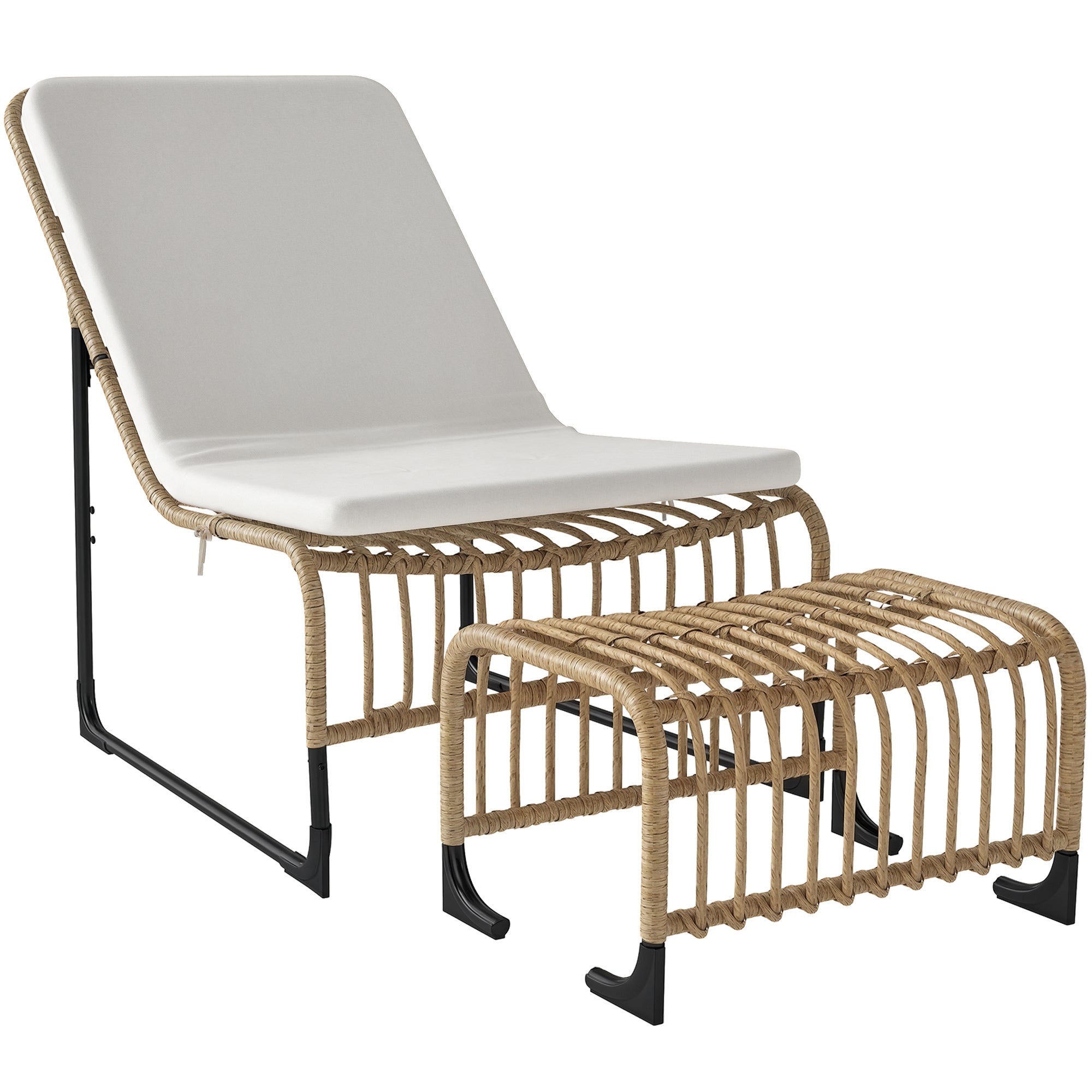Rattan Relax Chair with Footstool UV Resistant Garden Chair with Cushion Straps Outdoor Rattan Chair Garden Chair for Garden, Balcony, Terrace Natural Wood