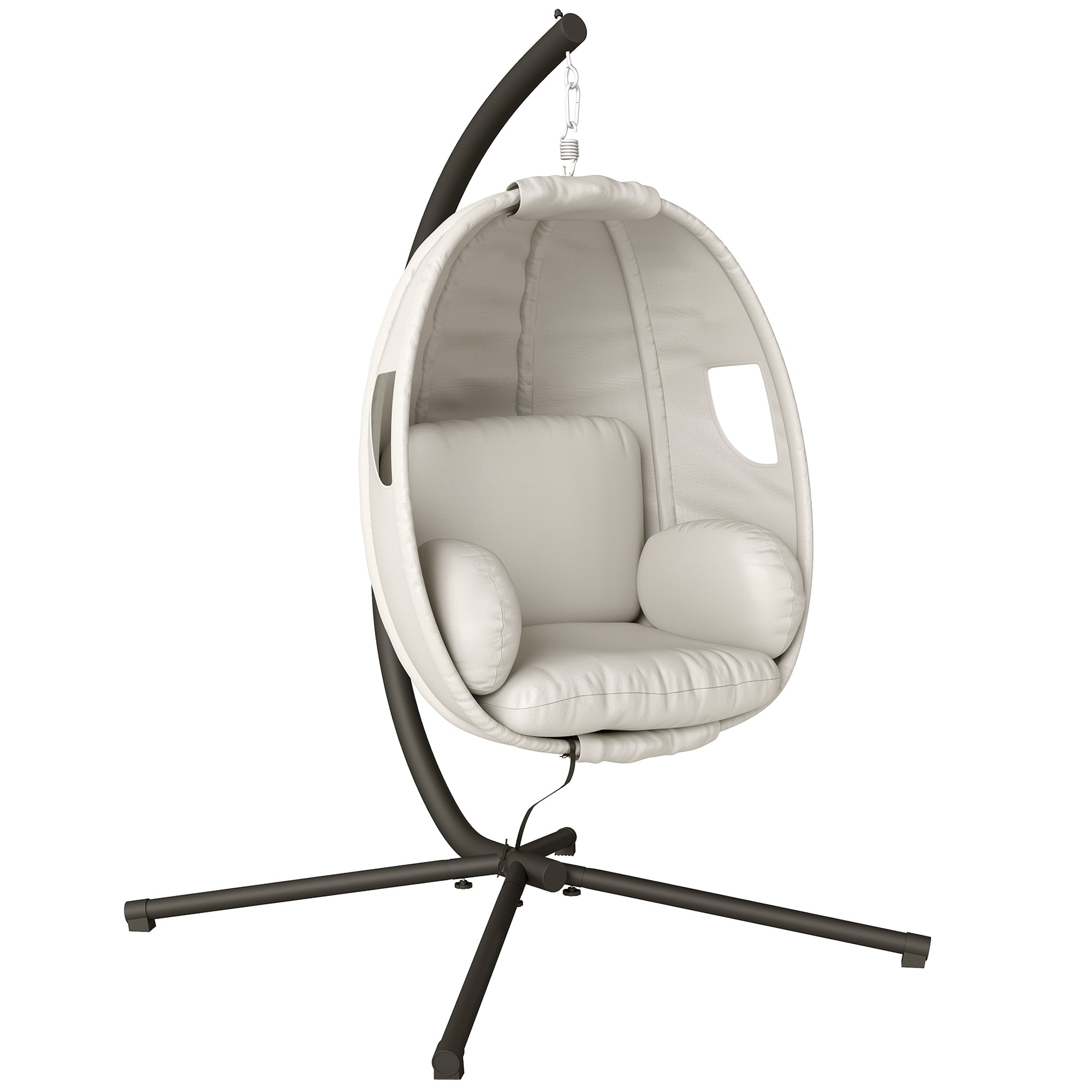 Folding Egg Hanging Chair with Stand — 8 in Padded Cushion, Adjustable Height & Safety Strap, Indoor/Outdoor, Light Gray