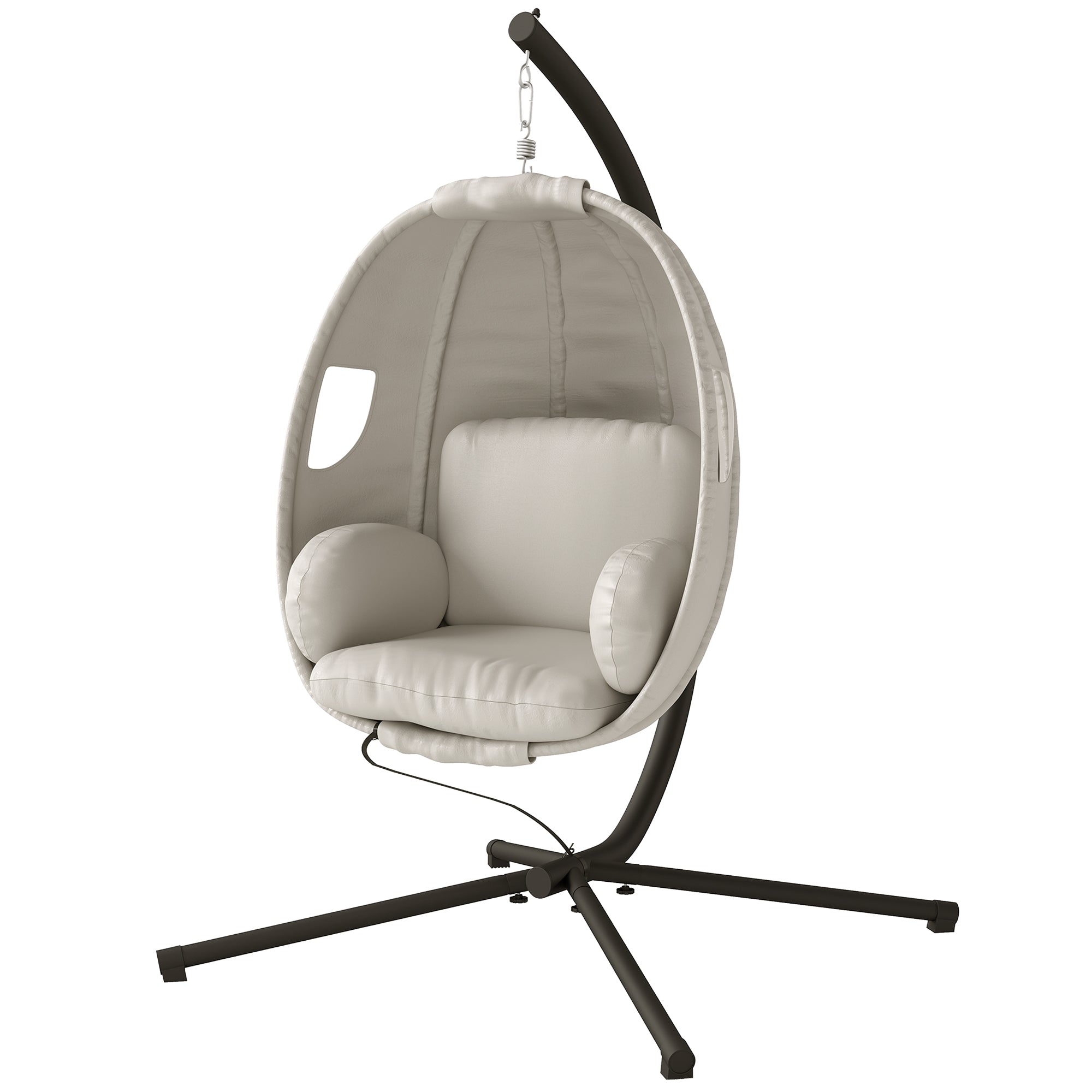 Folding Egg Hanging Chair with Stand — 8 in Padded Cushion, Adjustable Height & Safety Strap, Indoor/Outdoor, Light Gray