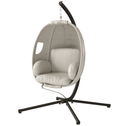 Folding Egg Hanging Chair with Stand — 8 in Padded Cushion, Adjustable Height & Safety Strap, Indoor/Outdoor, Light Gray