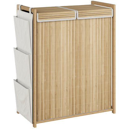 120L Bamboo Laundry Hamper with Lid, 2 Compartments, Removable Drawstring Washable Liners, Side Pockets, 24.8 x 13.0 x 30.7 in, Natural