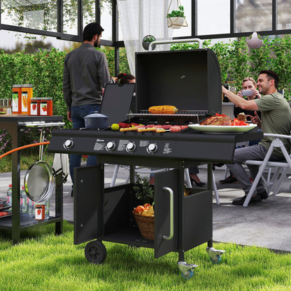 12.2 kW (≈41,600 BTU) 3+1-Burner Gas BBQ Cart, Stainless Steel with Wheels, Side Burner, Thermometer, Warming Rack, Side Shelf — 118.5 x 56 x 110 cm (46.7 x 22.0 x 43.3 in)