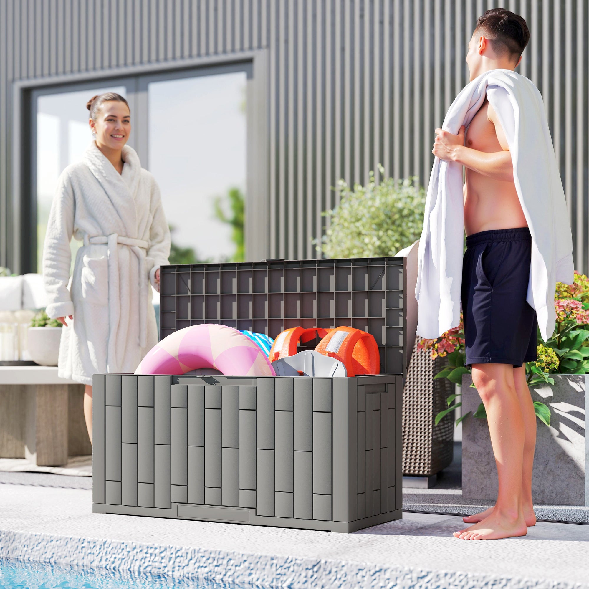 227 L Outdoor Storage Chest, Water & UV-Resistant Resin Storage Box with Lock for Garden, Terrace, Patio, 106.5 x 43 x 54.5 cm (42in x 17in x 21.5in), Gray