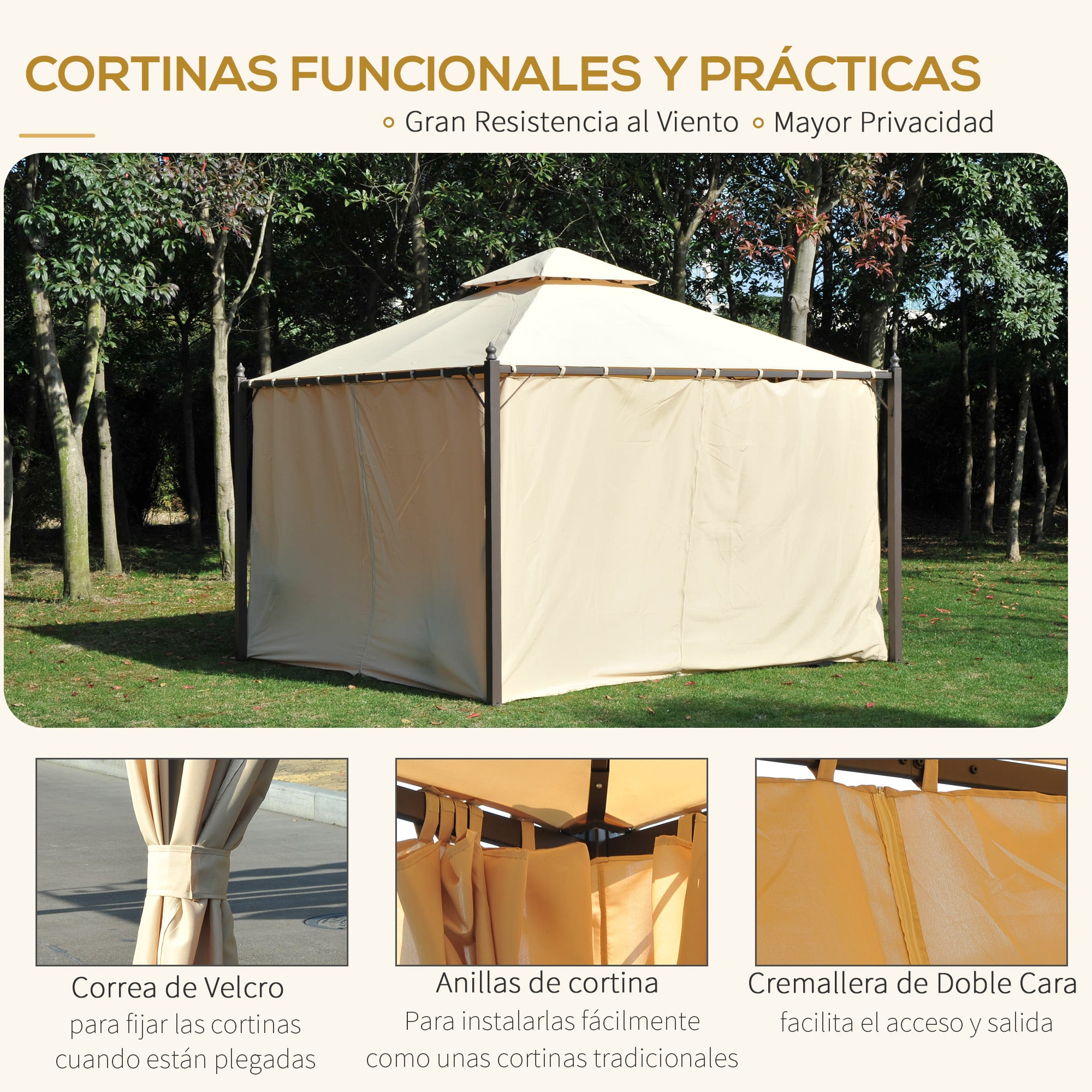 Garden Gazebo 3x3m with Double Roof 4 Side Curtains Better Ventilation Spacious Outdoor Event Barbecue Beige
