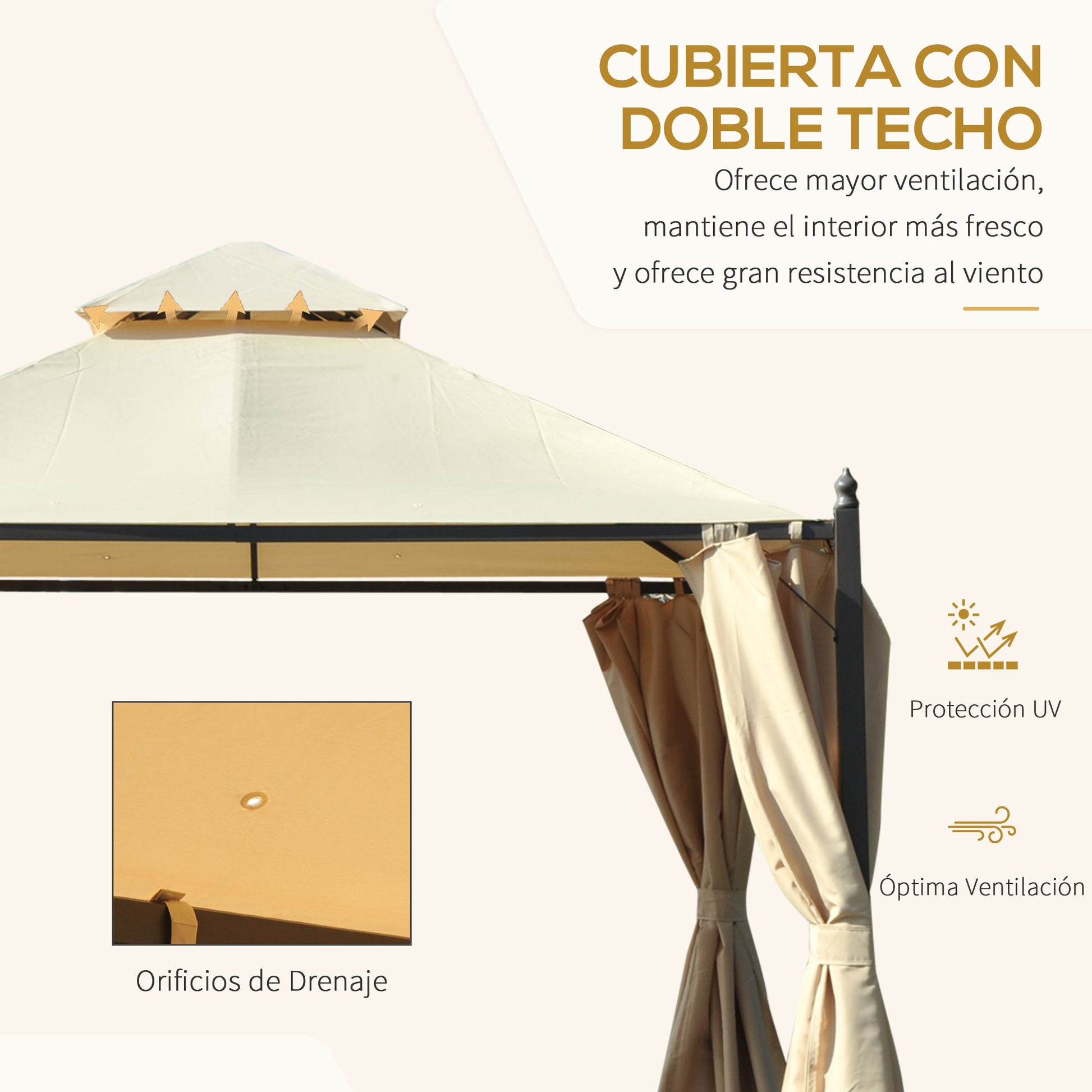 Garden Gazebo 3x3m with Double Roof 4 Side Curtains Better Ventilation Spacious Outdoor Event Barbecue Beige