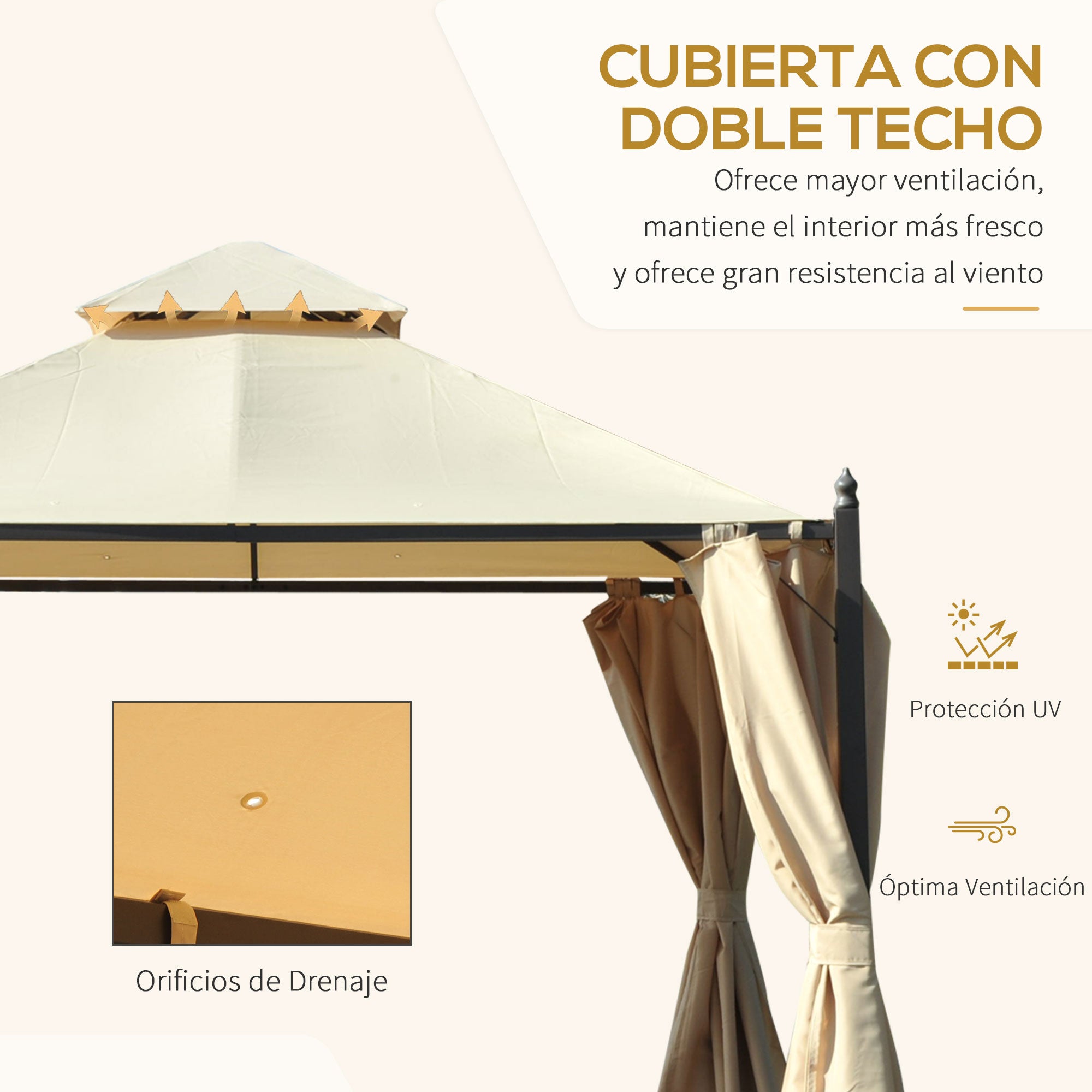Garden Gazebo 3x3m with Double Roof 4 Side Curtains Better Ventilation Spacious Outdoor Event Barbecue Beige