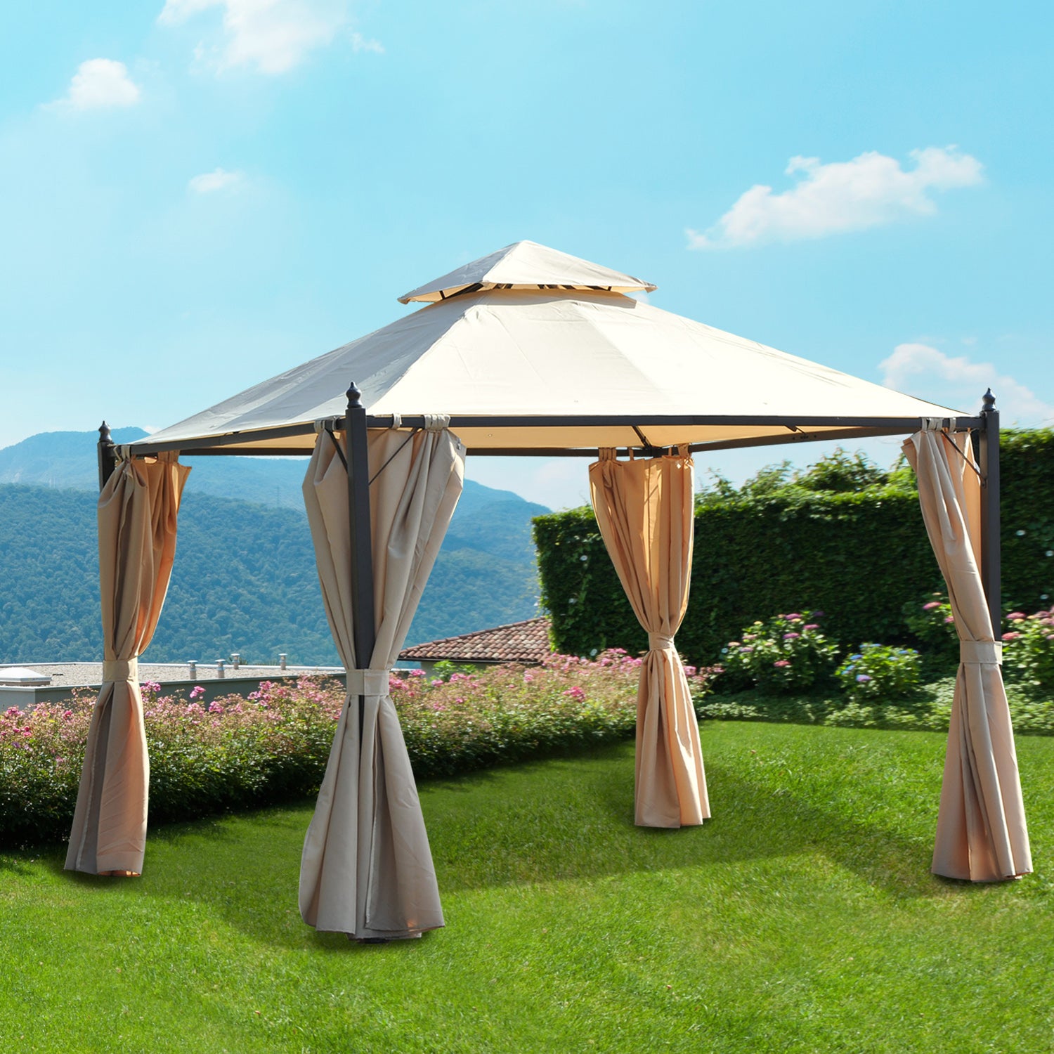 Garden Gazebo 3x3m with Double Roof 4 Side Curtains Better Ventilation Spacious Outdoor Event Barbecue Beige