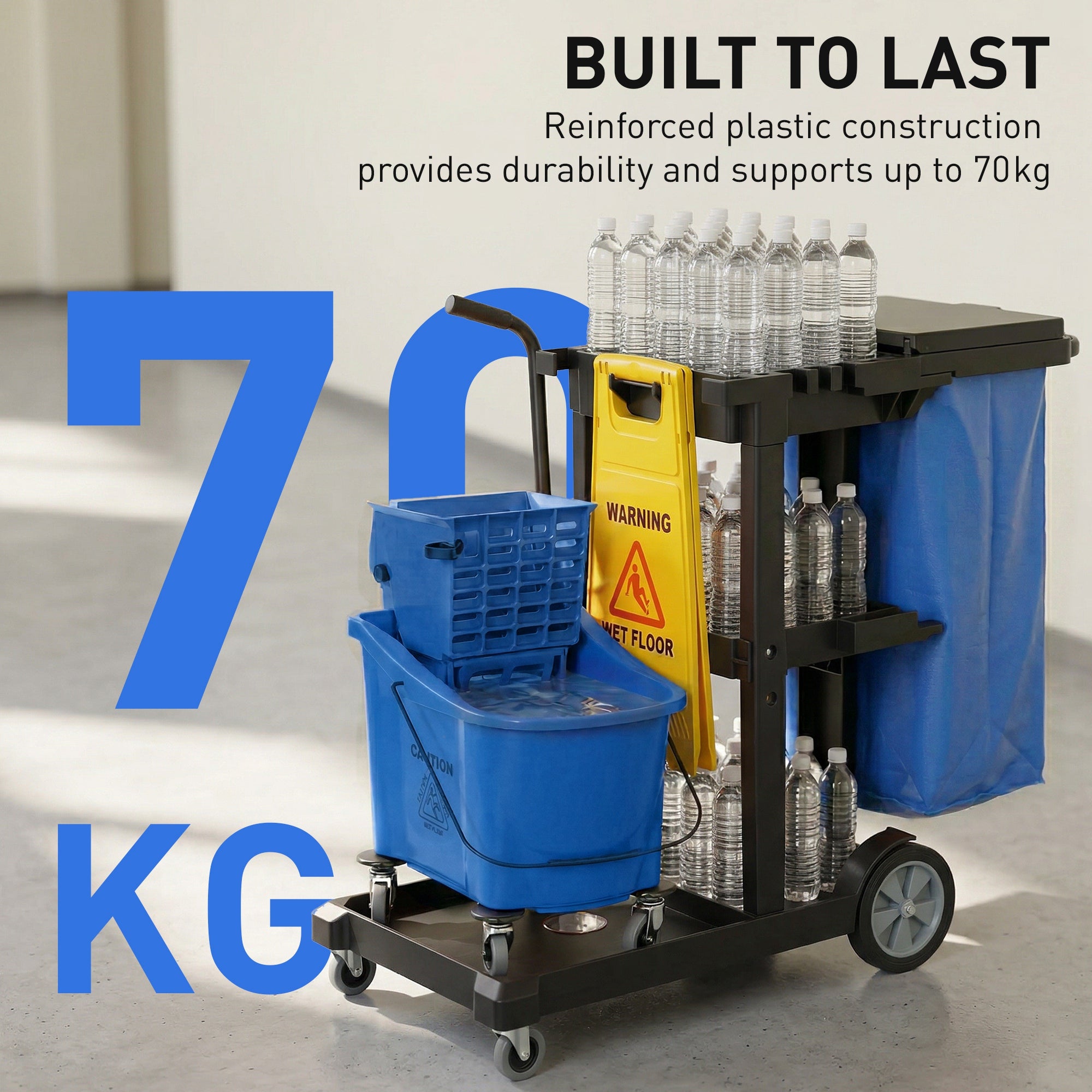Janitorial Cart Cleaning Trolley with 3 Tiers, 70 L Trash Bag with Lid, Casters, Wringer Mop Bucket, Tool Holders & Wet Floor Sign for Hotels, Malls, Offices — 122 x 46.5 x 101 cm (48 x 18.3 x 39.8 in)