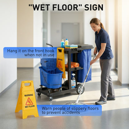 Janitorial Cart Cleaning Trolley with 3 Tiers, 70 L Trash Bag with Lid, Casters, Wringer Mop Bucket, Tool Holders & Wet Floor Sign for Hotels, Malls, Offices — 122 x 46.5 x 101 cm (48 x 18.3 x 39.8 in)