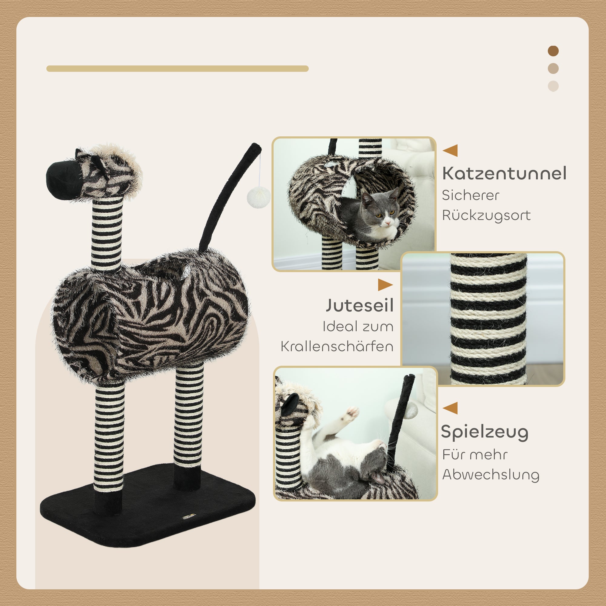 Cat Tree, Height 93 cm, Cat Tree in Zebra Design, Climbing Tree with Cat Tunnel, Cat Scratching Post with Jute Posts, Play Tree, Cat Furniture, Black+White