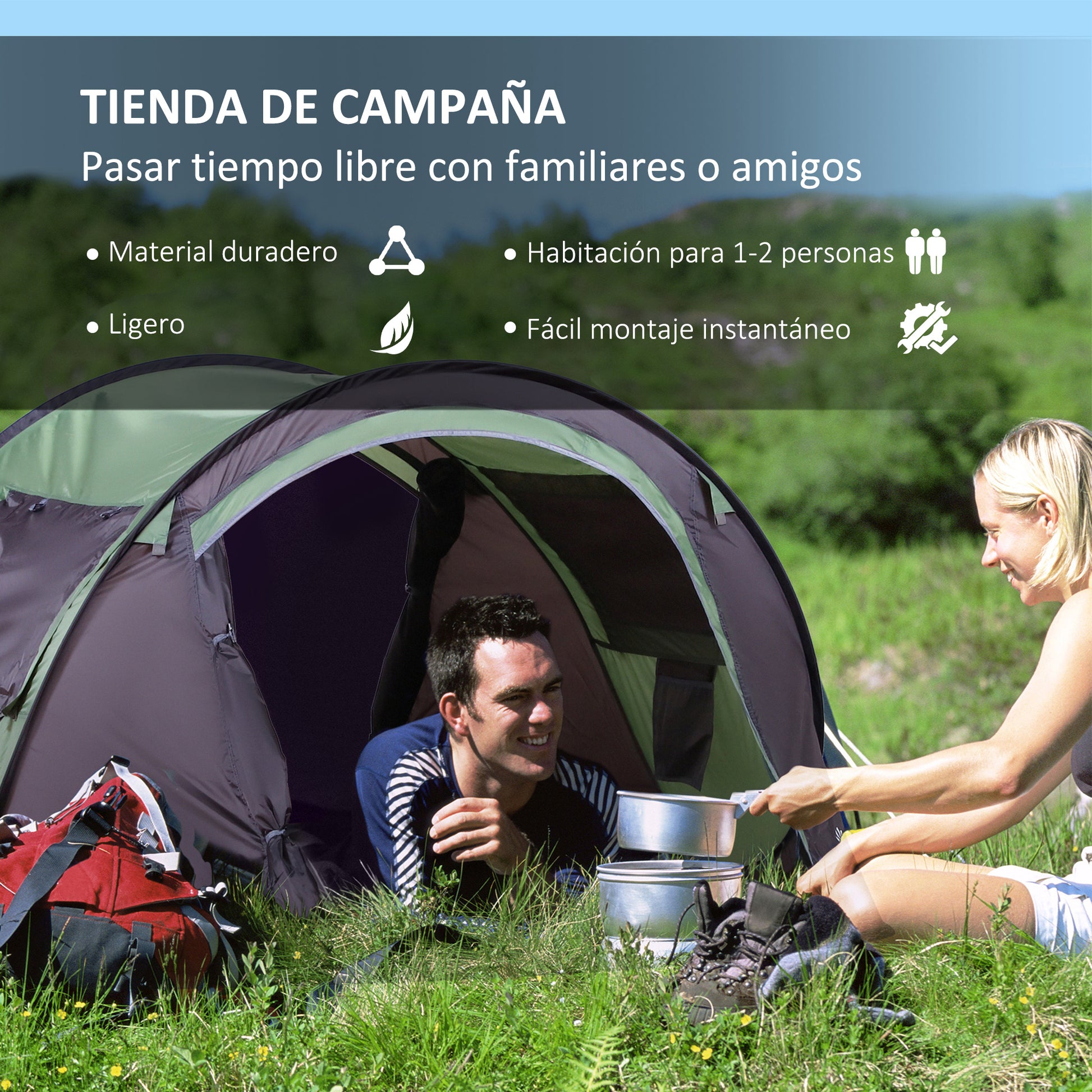 Pop-up Camping Tent for 1-2 People Waterproof 3000mm Anti-UV with Pockets and Carrying Bag for Fishing Hiking 250x150x100cm Green