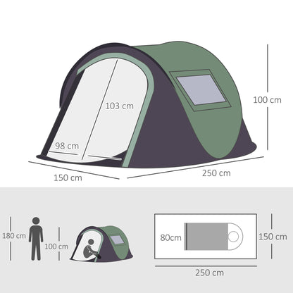Pop-up Camping Tent for 1-2 People Waterproof 3000mm Anti-UV with Pockets and Carrying Bag for Fishing Hiking 250x150x100cm Green