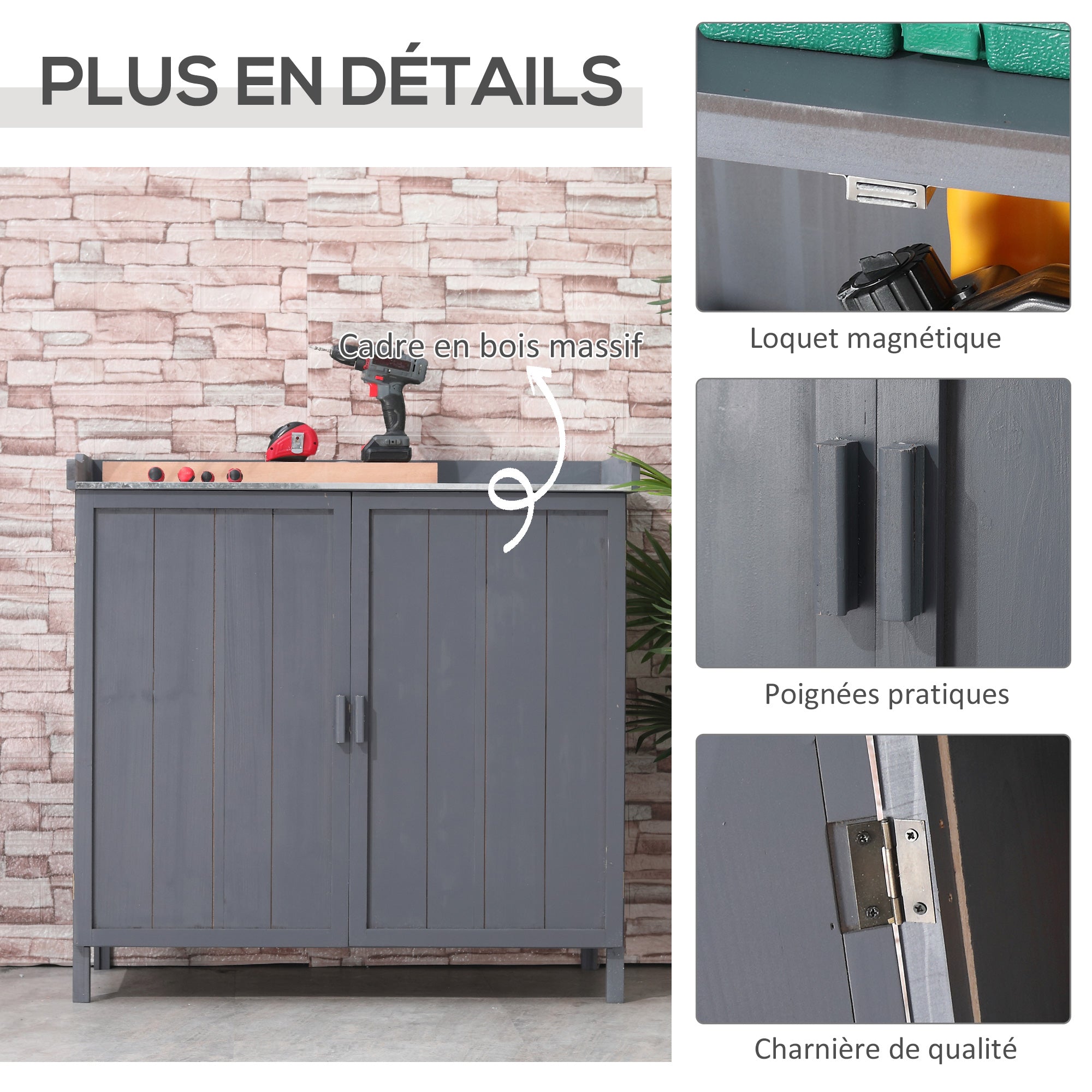 Garden Storage Cabinet on Legs, 2-in-1 Potting Table with Double Door, Shelf, Galvanized Metal Top - Gray