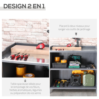 Garden Storage Cabinet on Legs, 2-in-1 Potting Table with Double Door, Shelf, Galvanized Metal Top - Gray