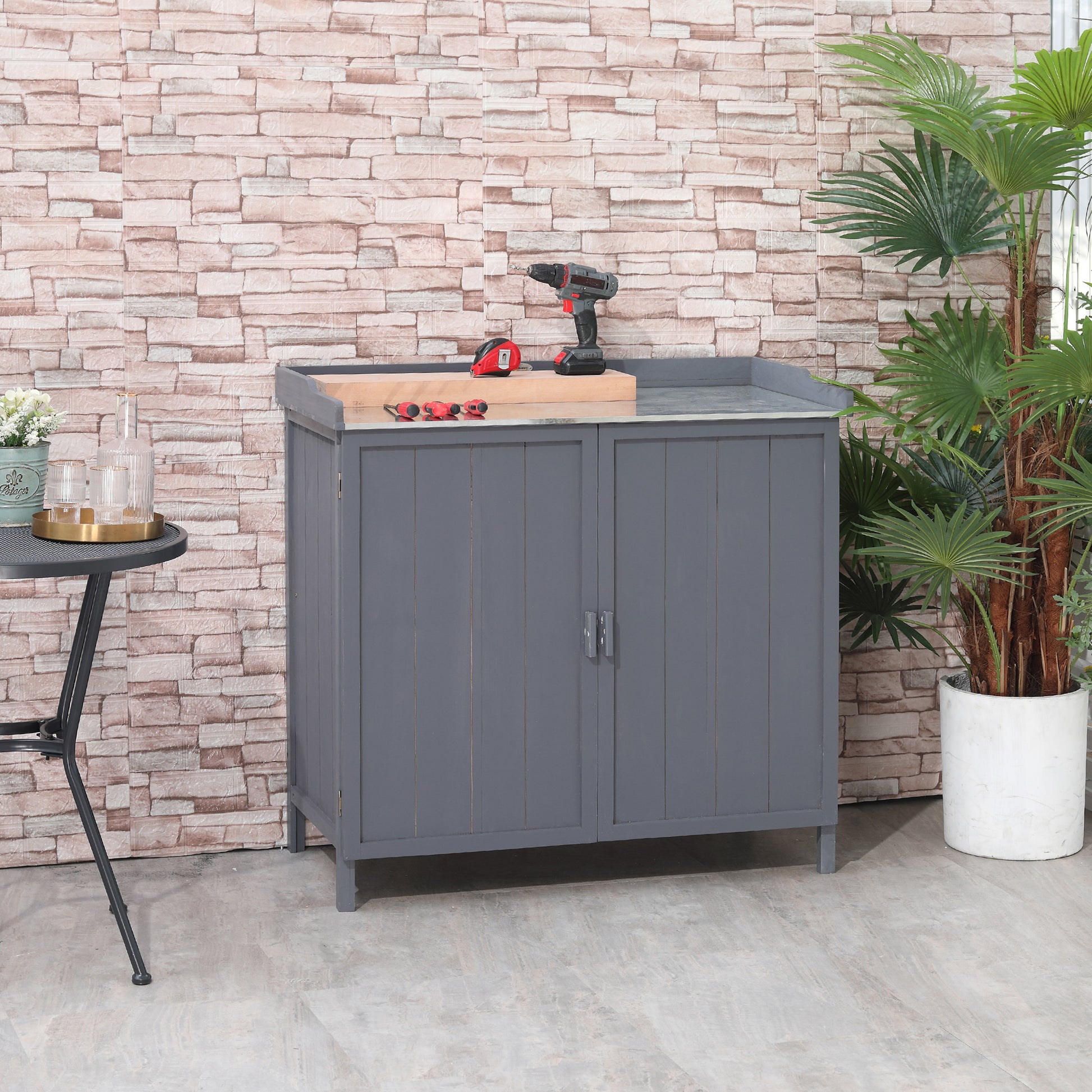 Garden Storage Cabinet on Legs, 2-in-1 Potting Table with Double Door, Shelf, Galvanized Metal Top - Gray