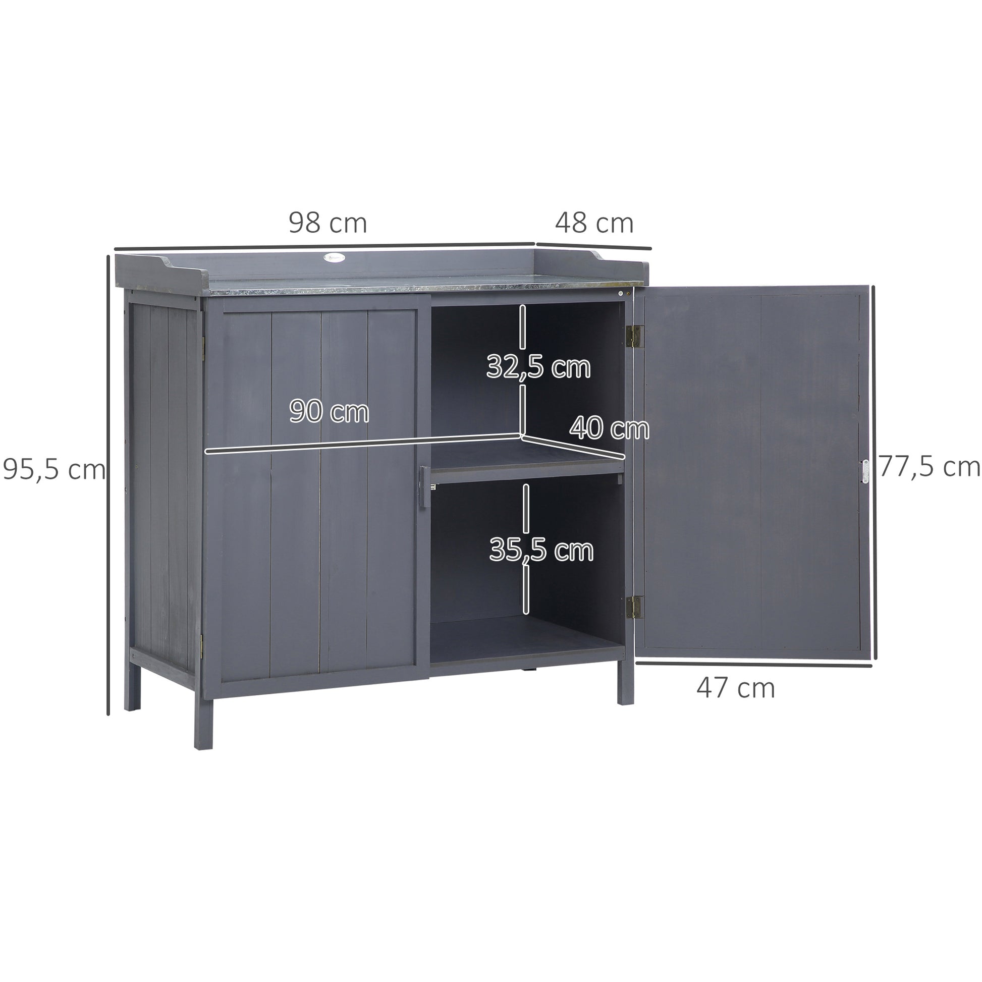 Garden Storage Cabinet on Legs, 2-in-1 Potting Table with Double Door, Shelf, Galvanized Metal Top - Gray