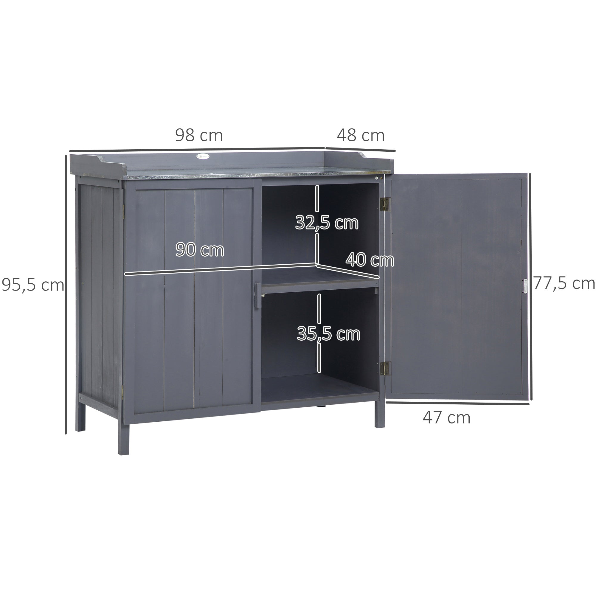 Garden Storage Cabinet on Legs, 2-in-1 Potting Table with Double Door, Shelf, Galvanized Metal Top - Gray