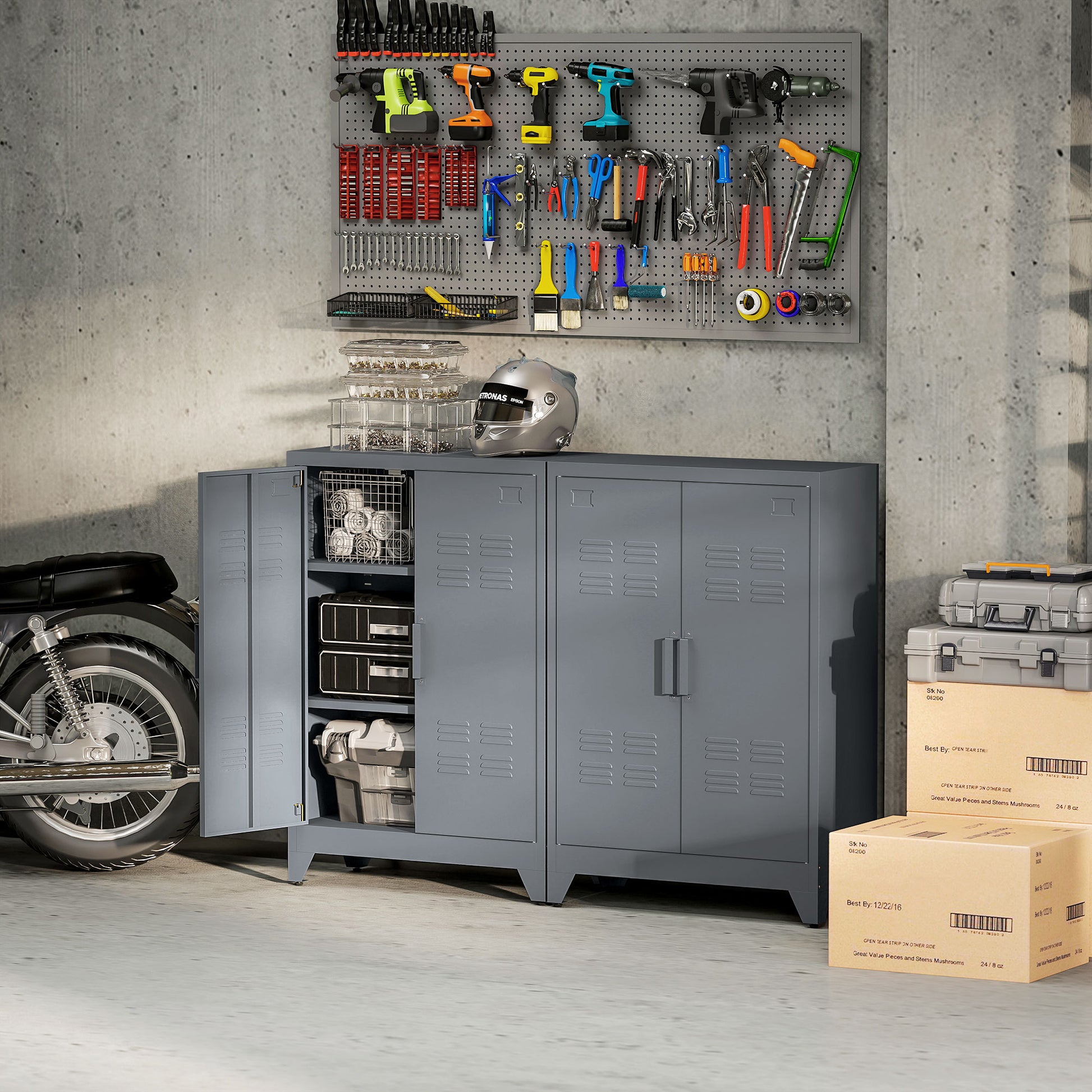 Filing Cabinet Metal Cabinet Multipurpose Cabinet with Magnetic Louver Double Door Adjustable Shelf Office Cabinet Storage Cabinet for Study, Living Room 75 x 33 x 110 cm Gray