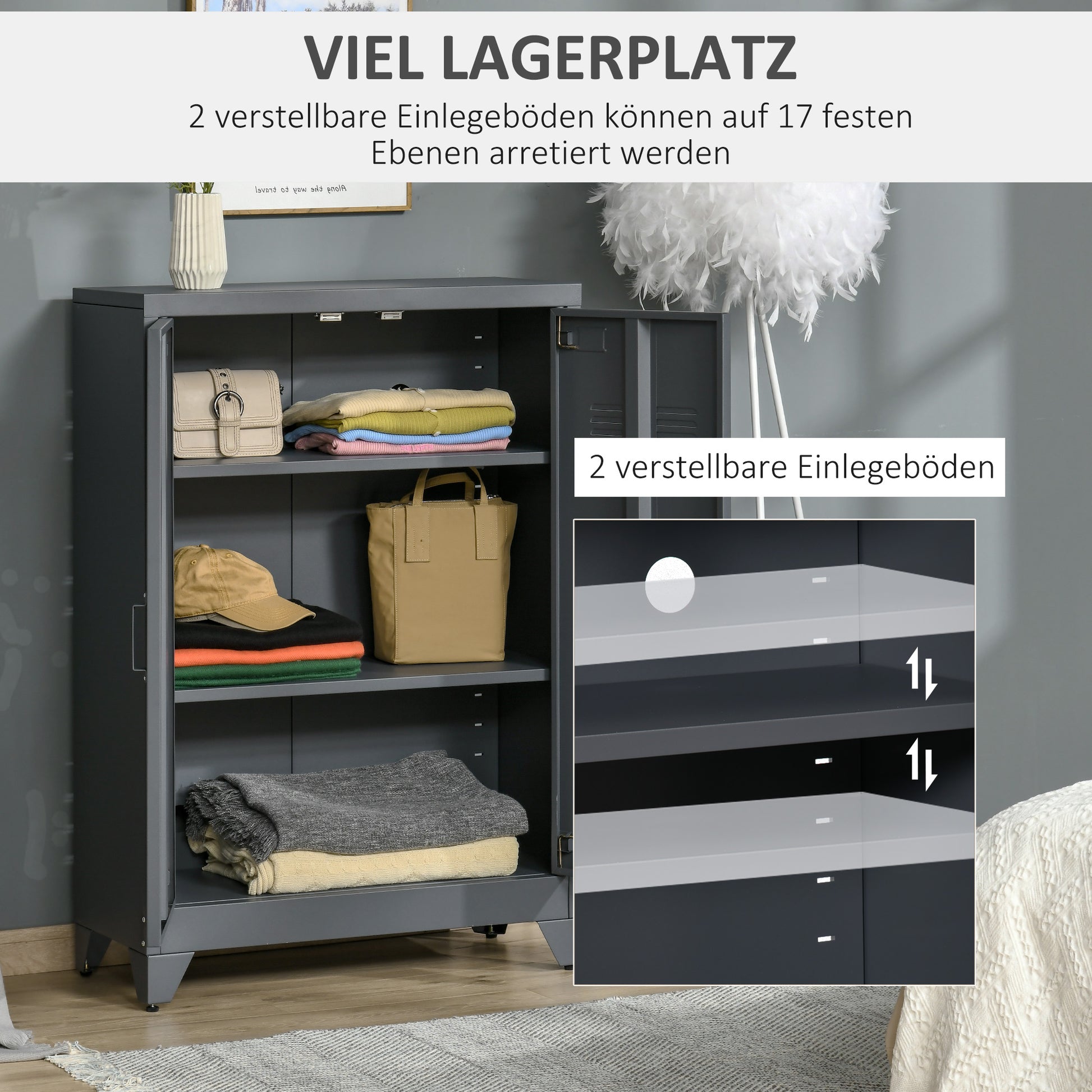 Filing Cabinet Metal Cabinet Multipurpose Cabinet with Magnetic Louver Double Door Adjustable Shelf Office Cabinet Storage Cabinet for Study, Living Room 75 x 33 x 110 cm Gray