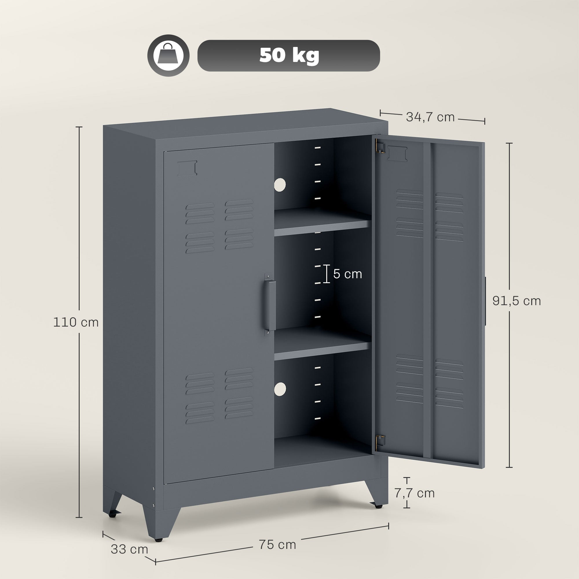 Filing Cabinet Metal Cabinet Multipurpose Cabinet with Magnetic Louver Double Door Adjustable Shelf Office Cabinet Storage Cabinet for Study, Living Room 75 x 33 x 110 cm Gray