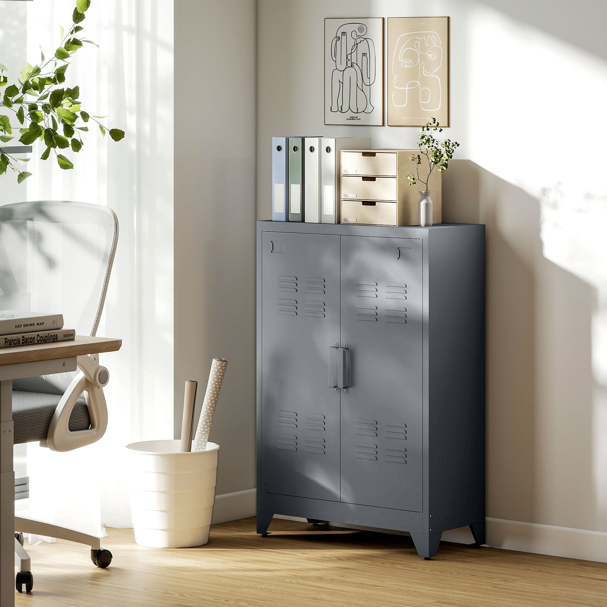 Filing Cabinet Metal Cabinet Multipurpose Cabinet with Magnetic Louver Double Door Adjustable Shelf Office Cabinet Storage Cabinet for Study, Living Room 75 x 33 x 110 cm Gray