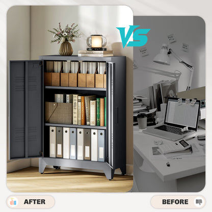 Filing Cabinet Metal Cabinet Multipurpose Cabinet with Magnetic Louver Double Door Adjustable Shelf Office Cabinet Storage Cabinet for Study, Living Room 75 x 33 x 110 cm Gray