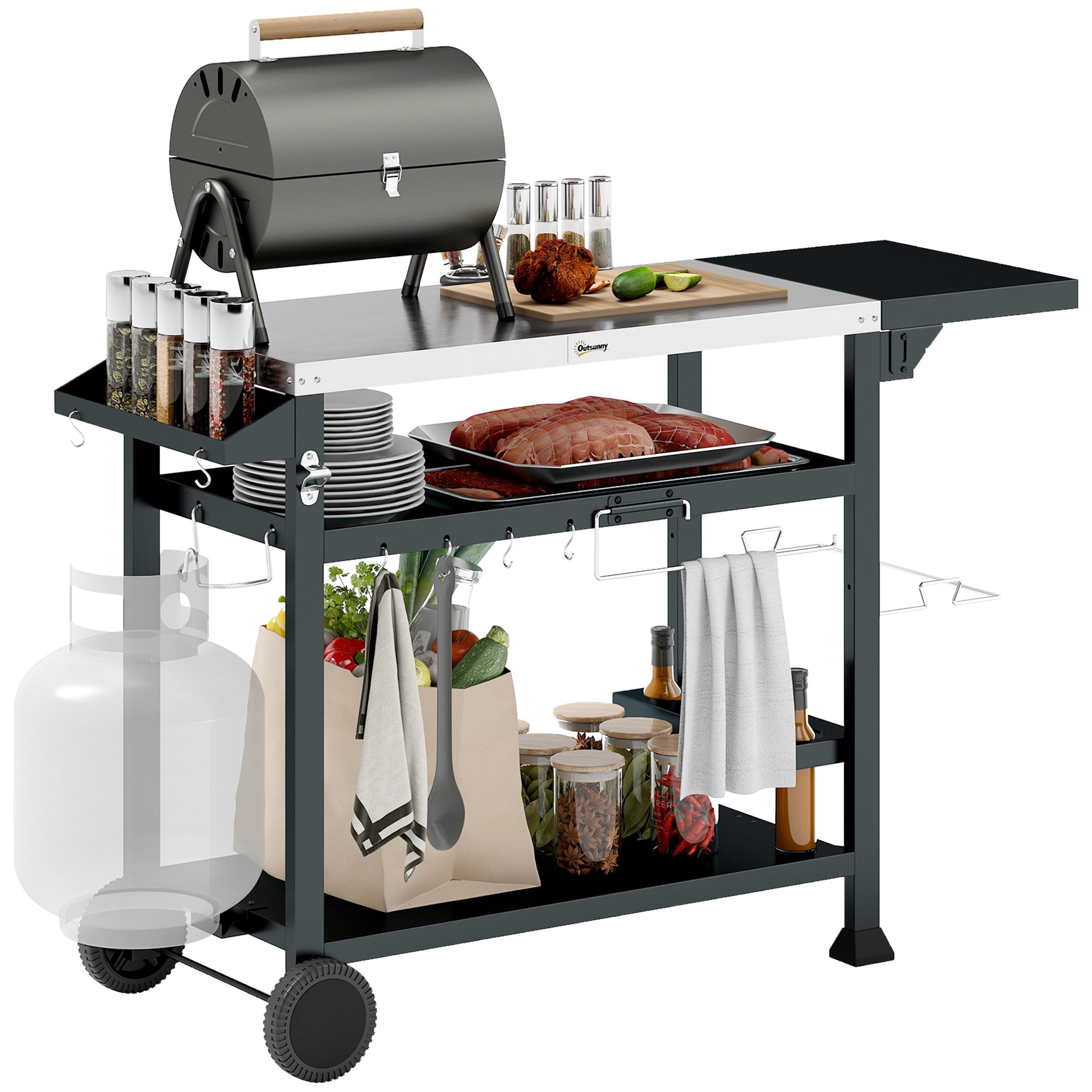 Barbecue Plancha Cart with Stainless Steel Tray, Multi-Equipment, 6 Hooks, Folding Shelf, 3 Layers, 2 Wheels