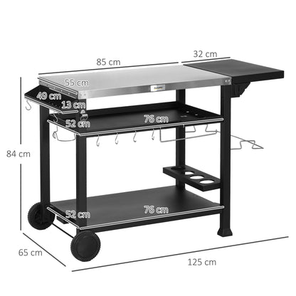 Barbecue Plancha Cart with Stainless Steel Tray, Multi-Equipment, 6 Hooks, Folding Shelf, 3 Layers, 2 Wheels