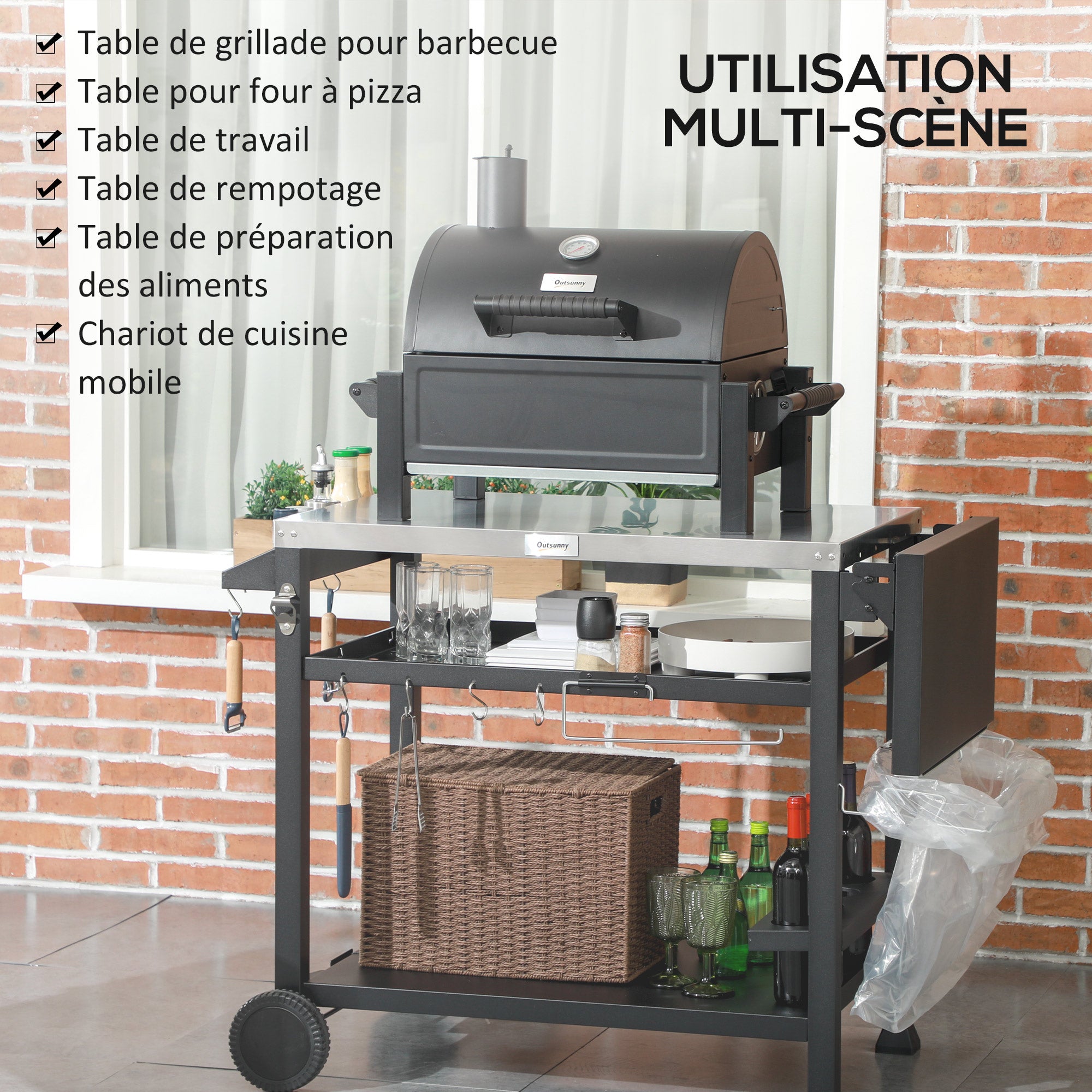 Barbecue Plancha Cart with Stainless Steel Tray, Multi-Equipment, 6 Hooks, Folding Shelf, 3 Layers, 2 Wheels