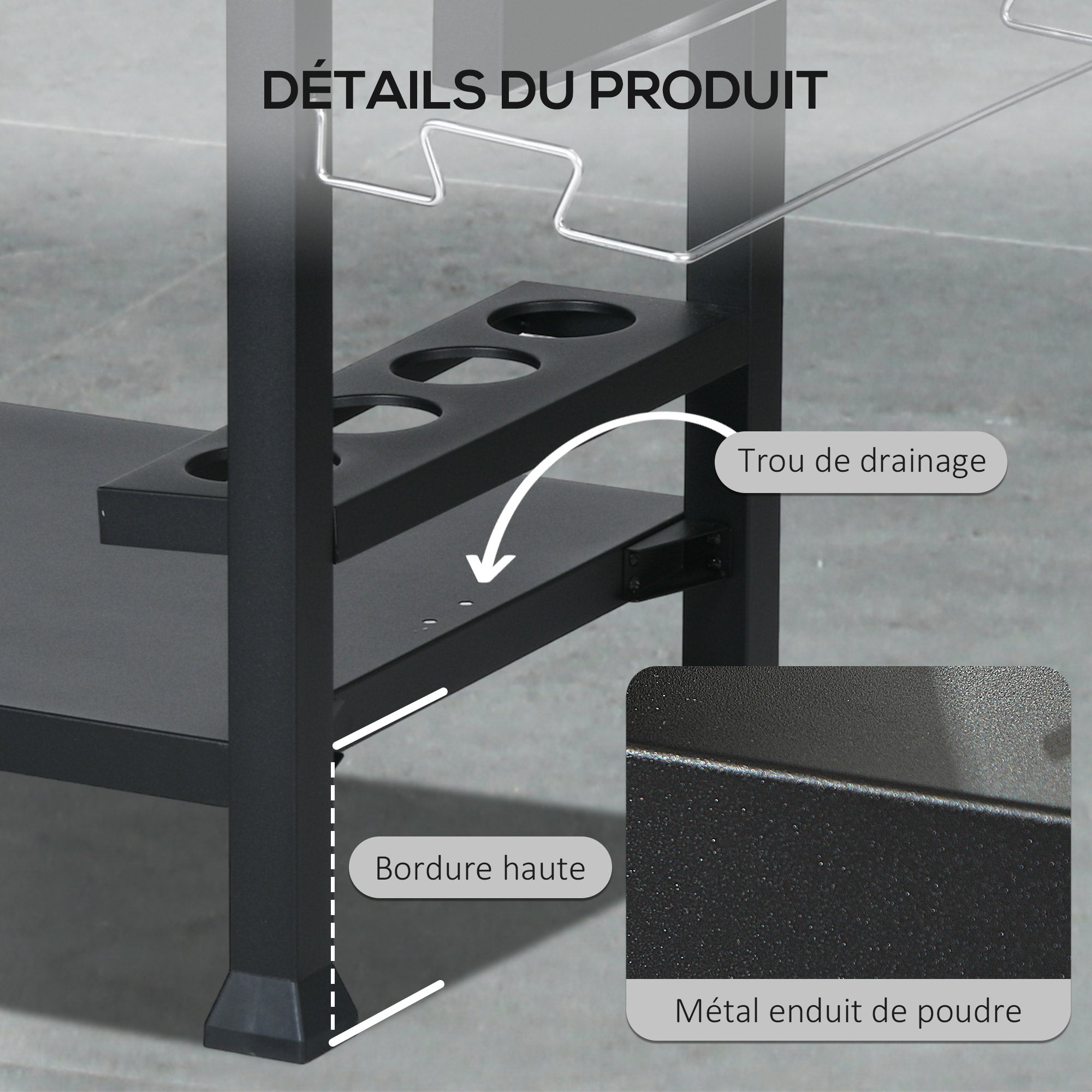Barbecue Plancha Cart with Stainless Steel Tray, Multi-Equipment, 6 Hooks, Folding Shelf, 3 Layers, 2 Wheels