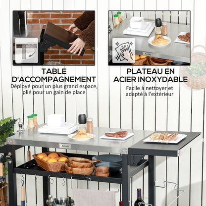Barbecue Plancha Cart with Stainless Steel Tray, Multi-Equipment, 6 Hooks, Folding Shelf, 3 Layers, 2 Wheels